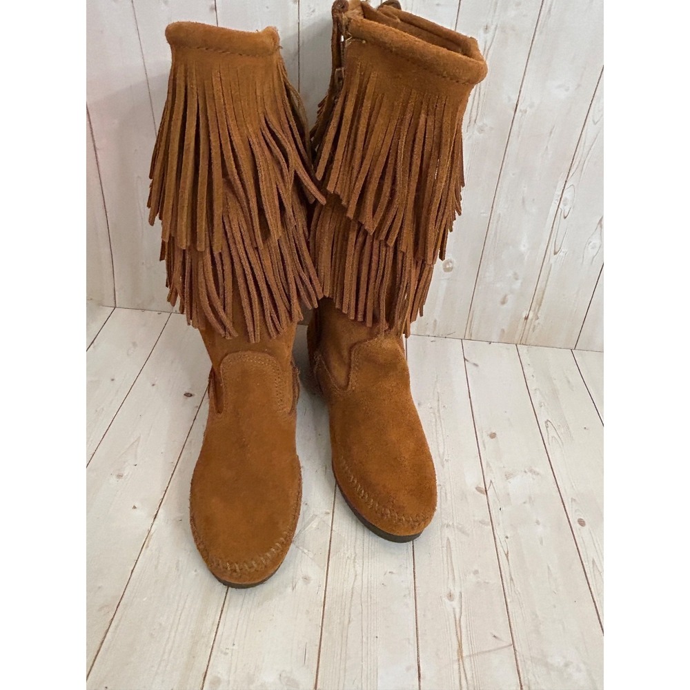 Minnetonka Women's Size 6 Two Layer Fringe Suede Moccasin Size Zipper Boots - Picture 8 of 8